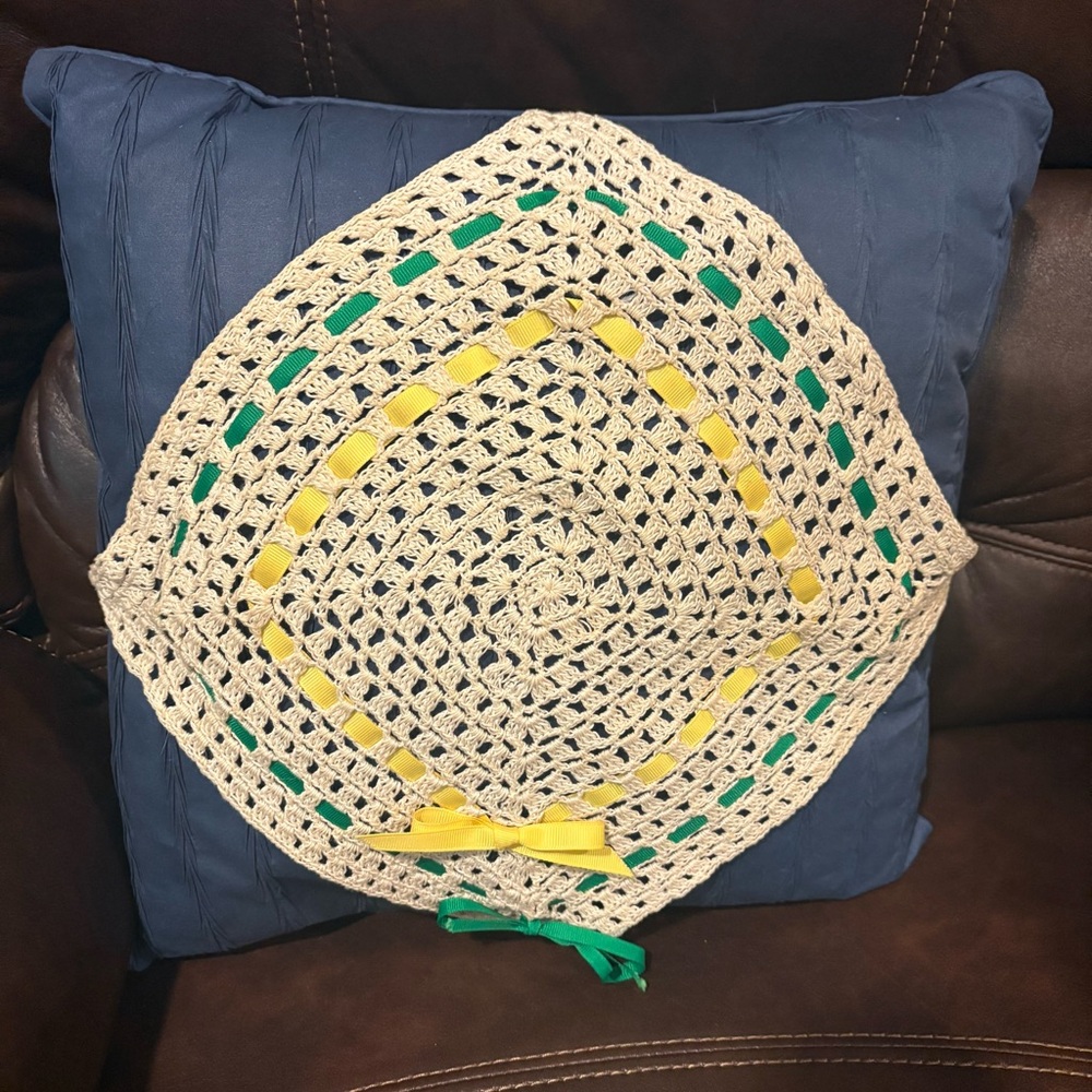 Vintage Handmade Crochet Doily Blue Pillow Green Yellow Accents Ribbon Retro Fun